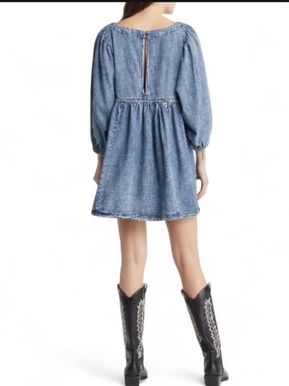 Free People Get Obsessed Denim Mini Dress Puff Sleeve Babydoll Dress - Picture 2 of 5